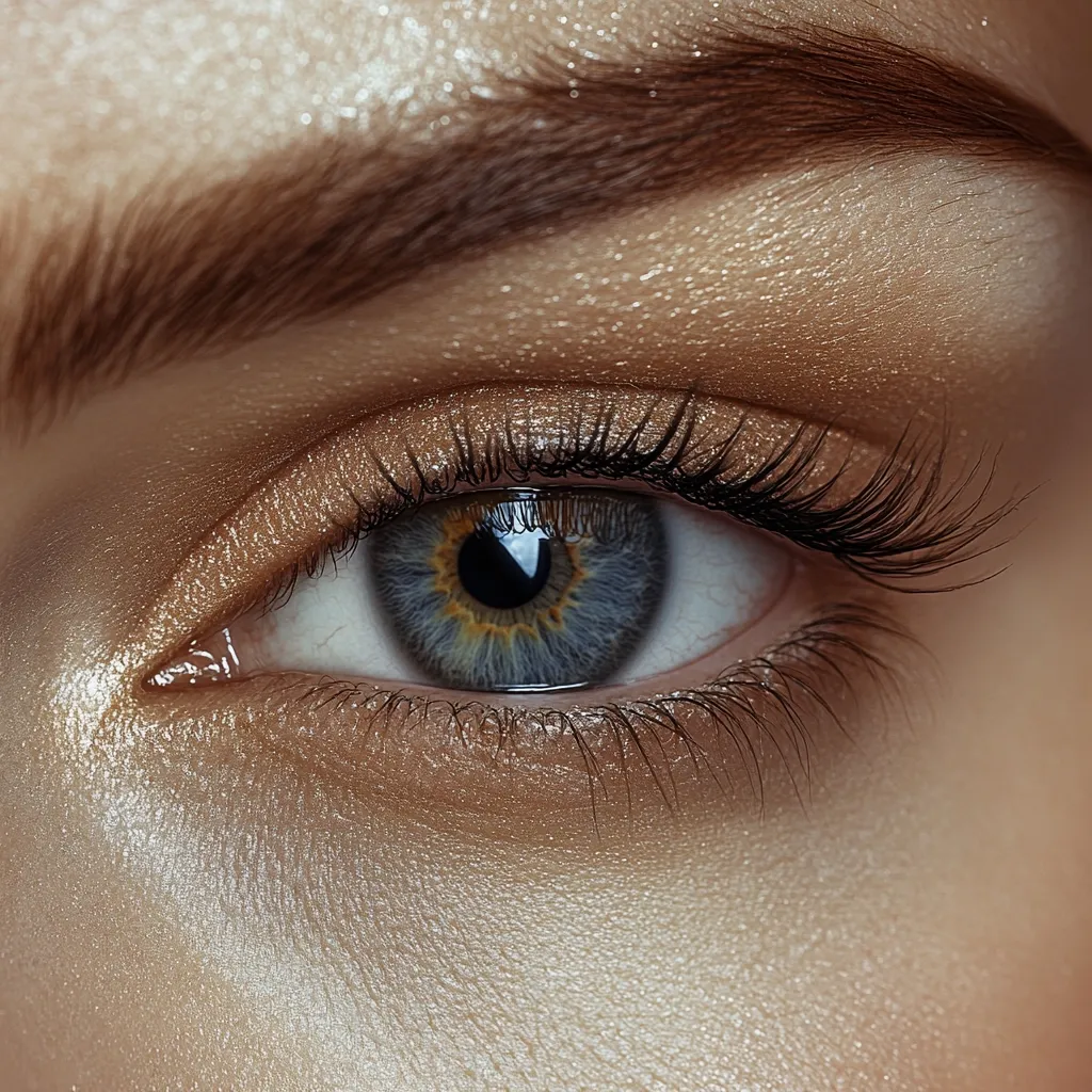 A close-up of a woman's eye, showcasing expertly applied makeup.  The eyeshadow is a shimmering, light gold, complementing the full, dark lashes and well-defined brow.  The eye itself is a captivating blue-gray, with a subtle highlight adding depth and luminosity to the overall look. The skin appears smooth and radiant.