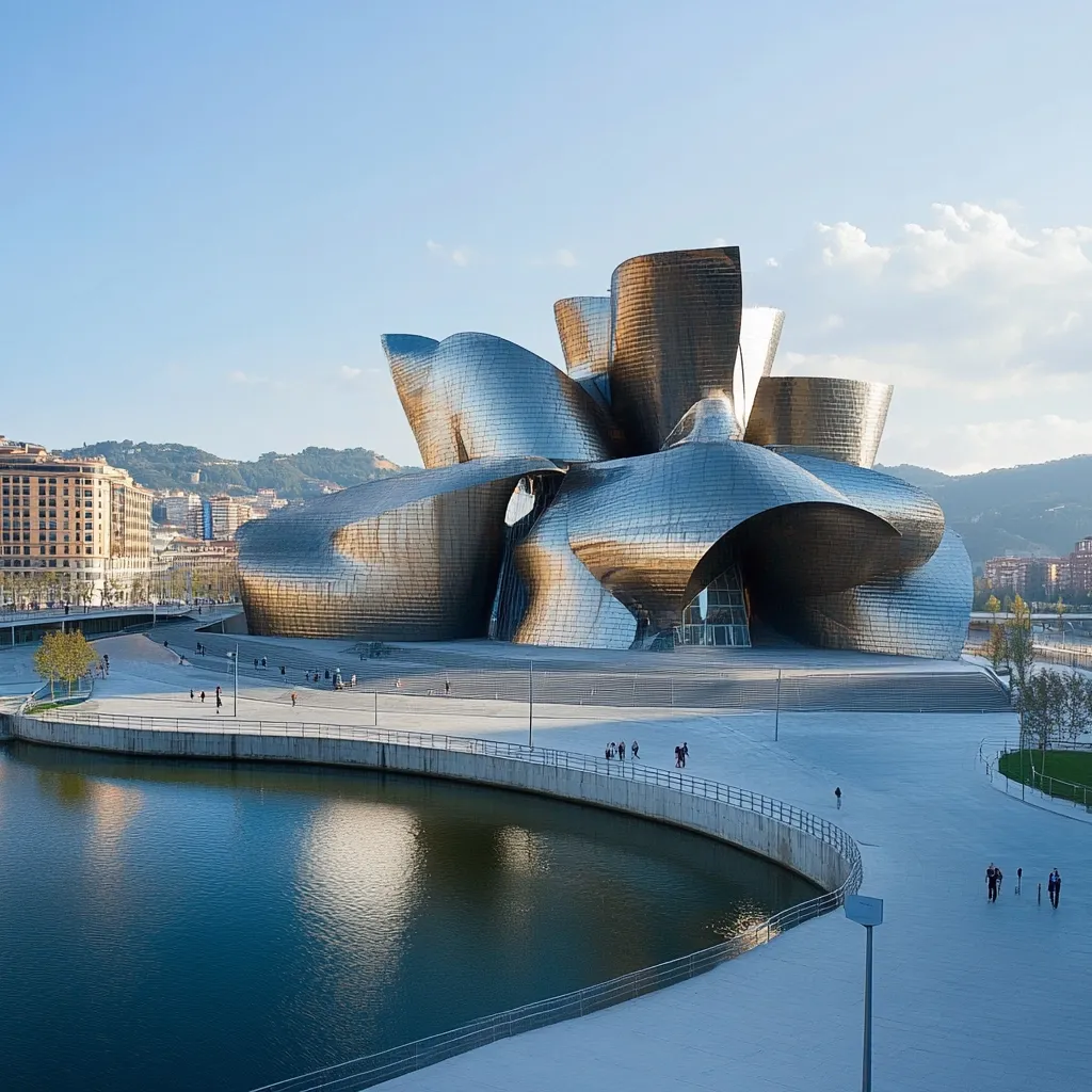 The Guggenheim Museum Bilbao, a stunning example of titanium-clad architecture, stands majestically against a backdrop of rolling hills and a calm body of water. Its distinctive, fluid forms create a captivating spectacle, reflecting the sky and surrounding cityscape.  People stroll along the plaza and pathways surrounding the museum, adding a sense of scale and human presence to the scene. The modern design is a striking contrast to the more traditional buildings in the distance.