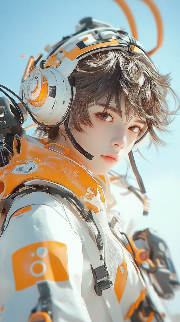 Close-up of an anime-style female character wearing a futuristic, white and orange spacesuit. Her brown hair is partially hidden under a large, white and orange headset. The character's expression is soft, and she appears to be looking towards the viewer. The background is a bright, blurry sky. The overall style is clean and detailed, emphasizing the technological aspects of her attire.