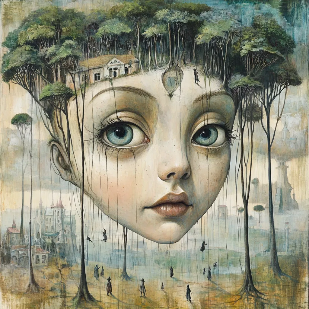 A large, doll-like face dominates this surreal painting.  Trees sprout from its head, forming a canopy above a small house.  From the trees, figures swing, suggesting a dreamlike, whimsical quality. The face is delicately rendered, with large, expressive eyes, and hangs above a hazy, distant townscape, imbuing the scene with a sense of mystery and wonder.  The overall palette is muted, emphasizing the ethereal mood.