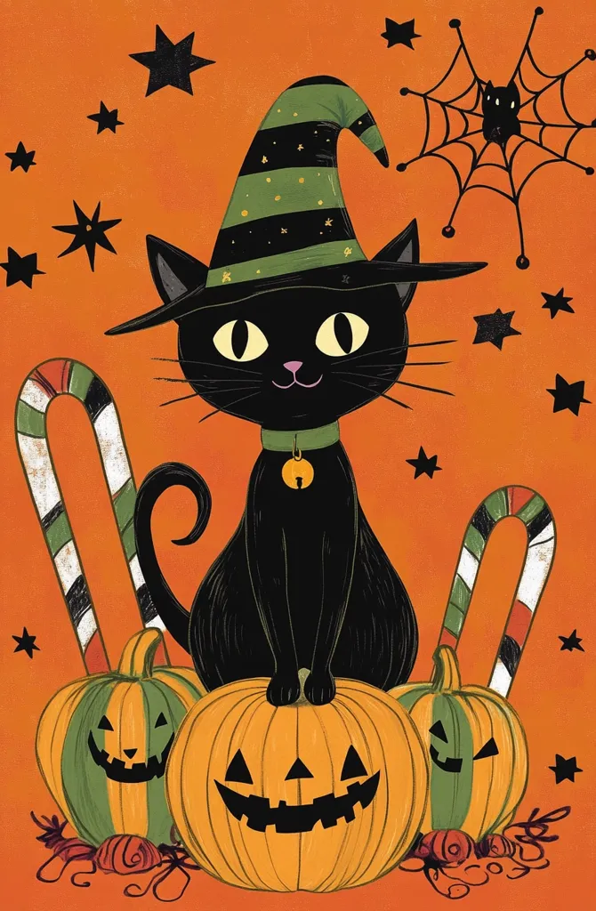 A black cat, wearing a witch's hat, sits atop a jack-o'-lantern.  Two smaller pumpkins flank the larger one. Candy canes and a spiderweb with a spider add to the Halloween theme.  Stars are scattered across the orange background, creating a festive and whimsical autumnal scene. The illustration is done in a vintage style, with muted colors and charming details.