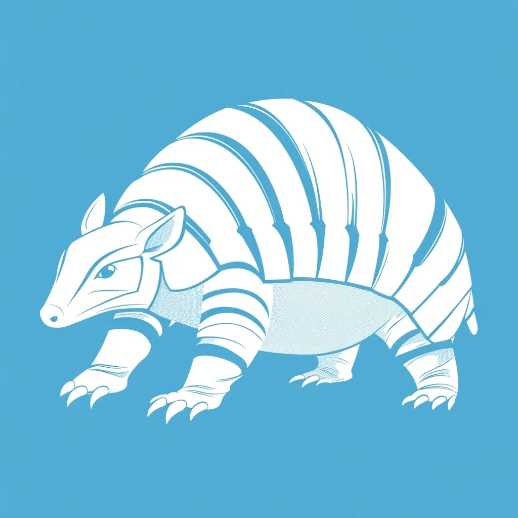 A stylized white armadillo is depicted against a light blue background.  The illustration uses bold lines to create a graphic representation of the animal's segmented shell and features.  The armadillo is shown in profile, walking, with its claws clearly visible. The style is simple yet striking, emphasizing the creature's unique form.