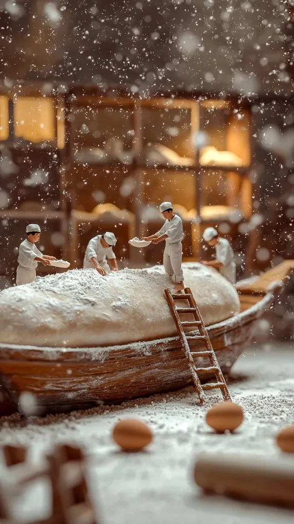 Miniature bakers, clad in white, meticulously dust a colossal loaf of bread aboard a rustic wooden boat.  Flour drifts through the air like snowfall, creating a whimsical scene within a warmly lit bakery.  The overall effect is a charming, artistic depiction of bread-making.