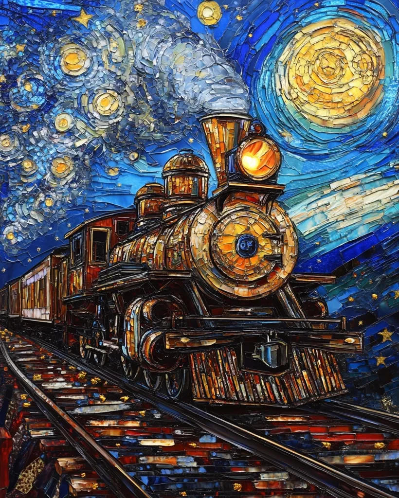 A vibrant, impasto painting depicts a steam locomotive traversing railroad tracks under a starry night sky reminiscent of Van Gogh's style.  The train, rendered in rich, textured colors of gold, brown, and red, is the focal point, contrasted by the swirling blues and yellows of the night sky.  The artist uses a mosaic-like technique, creating a sense of movement and depth.  The overall effect is a captivating blend of realism and Impressionism.