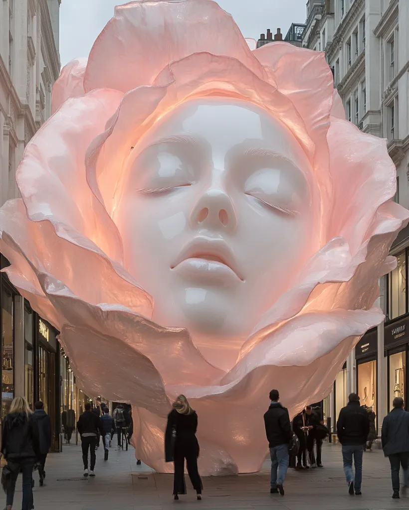 A large, glowing sculpture of a woman's face nestled within a rose dominates a city street.  The pale pink rose petals are translucent, softly illuminating the serene face within.  People walk by, dwarfed by the scale of the artwork, creating a striking contrast between human scale and artistic grandeur. The setting appears to be a high-end shopping street, adding an intriguing juxtaposition to the peaceful visage of the sculpture.