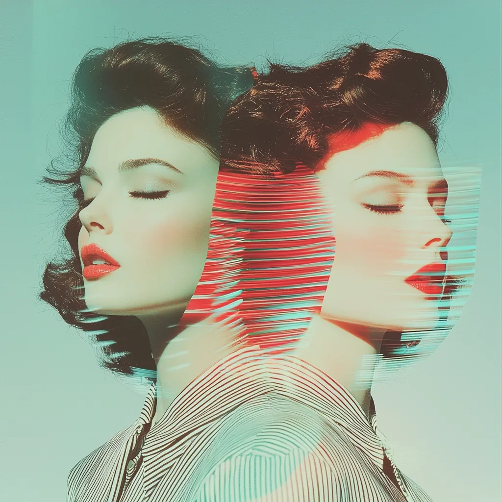 A stylized portrait of a woman with dark, wavy hair.  Her face is duplicated and overlaid, creating a glitch effect with red and teal lines.  The woman's eyes are closed, and she wears a striped shirt. The overall aesthetic is retro and surreal, suggesting duality or a fractured identity.  The image is digitally manipulated for artistic effect.