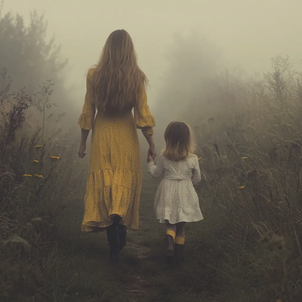 A woman in a yellow maxi dress and a young girl in a white dress walk hand-in-hand down a path.  The scene is shrouded in a thick fog, creating a mystical atmosphere.  Tall grasses line the path, and the overall tone is muted and melancholic, emphasizing the intimacy of the moment.  The focus is on their backs, leaving their faces unseen, adding to the mystery.