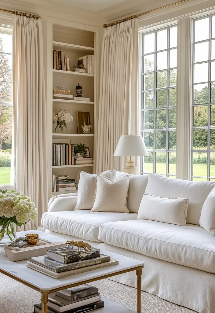 A sunlit living room features a cream linen sofa with plush cushions, positioned before a large window with a garden view.  A marble-top coffee table displays art books and decorative objects.  Built-in bookshelves flanking the window are filled with books and decorative pieces, completing the serene, elegant atmosphere.  Cream-colored curtains frame the windows, adding to the room's calming palette.