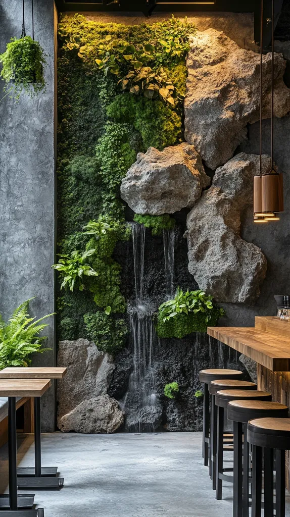 A serene indoor space features a stunning vertical garden wall, cascading waterfall, and gray rocks.  Lush greenery, including ferns and moss, thrives against the textured wall.  Modern, minimalist wooden bar stools and tables are positioned in front, creating a tranquil and stylish atmosphere.  Pendant lights hang above, complementing the natural elements.