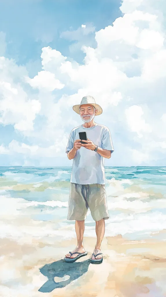 A smiling elderly man with a white beard, wearing a straw hat, light clothing, and sandals, stands on a sandy beach, using a smartphone. The ocean with gentle waves is in the background under a bright, partly cloudy sky. The scene is peaceful and serene, evoking a sense of summer relaxation and technological connection.  The artwork style is watercolor, soft and luminous.