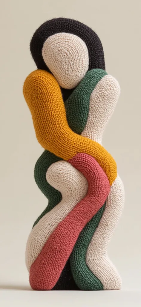 A hand-knitted sculpture stands tall, its form a captivating interplay of organic curves and vibrant hues.  Cream, mustard yellow, deep green, and dusty rose knit segments intertwine, creating a visually engaging three-dimensional piece.  The textured surface and color blocking evoke a sense of warmth and playful abstraction. The overall effect is modern and artistic.