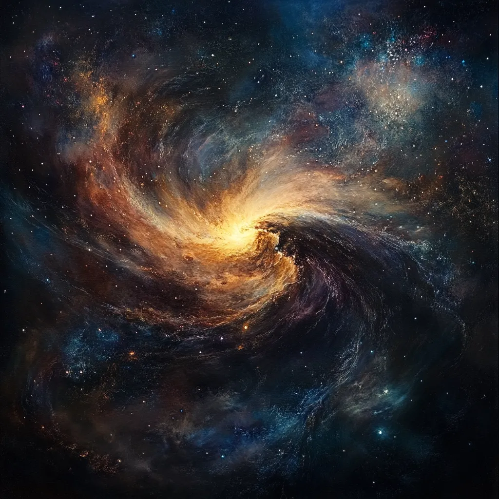 A breathtaking cosmic swirl dominates the image, a vibrant nebula of golds, oranges, and deep blues against a backdrop of twinkling stars.  The central vortex draws the eye, a fiery heart within a swirling galaxy.  Colors blend and contrast, creating a dynamic and awe-inspiring display of celestial beauty. The dark space surrounding the nebula adds depth and emphasizes the brilliance of its light.