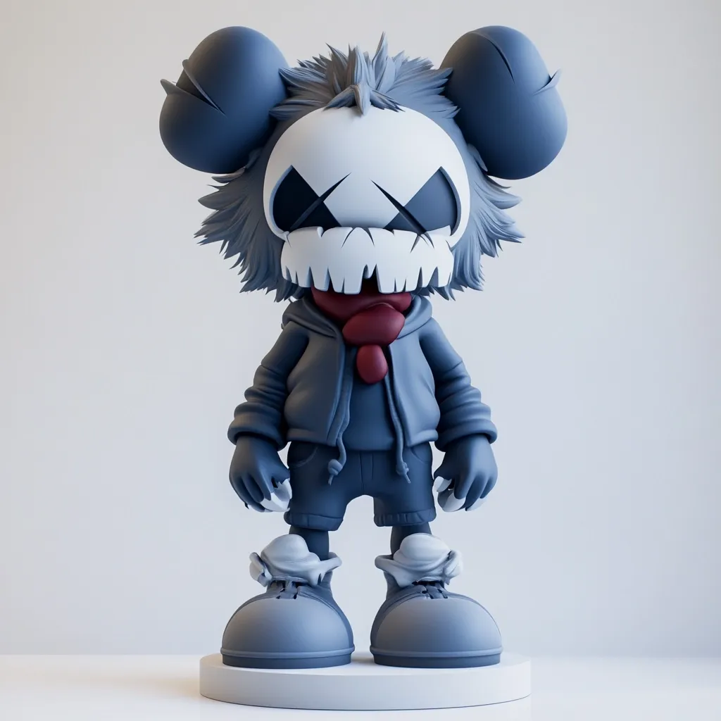 A monochromatic gray and burgundy collectible figure stands on a white circular base.  The figure has large ears, a skull-like mask, and a hooded jacket. Its design is reminiscent of a cartoon character, but with a darker, more edgy aesthetic. The figure's pose is slightly slumped, adding to its brooding expression.  The overall style is stylized and modern.