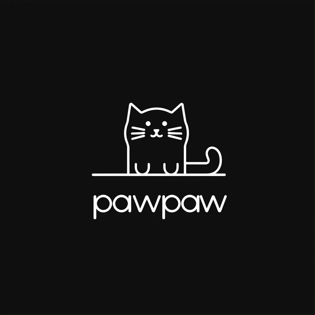 A minimalist logo design features a simple line drawing of a cat sitting on a thin line, resembling a shelf or ledge.  The word "pawpaw" is written below the cat in a clean sans-serif font. The overall style is modern and clean, utilizing a black background with white line art. The design is likely for a pet-related business or brand.