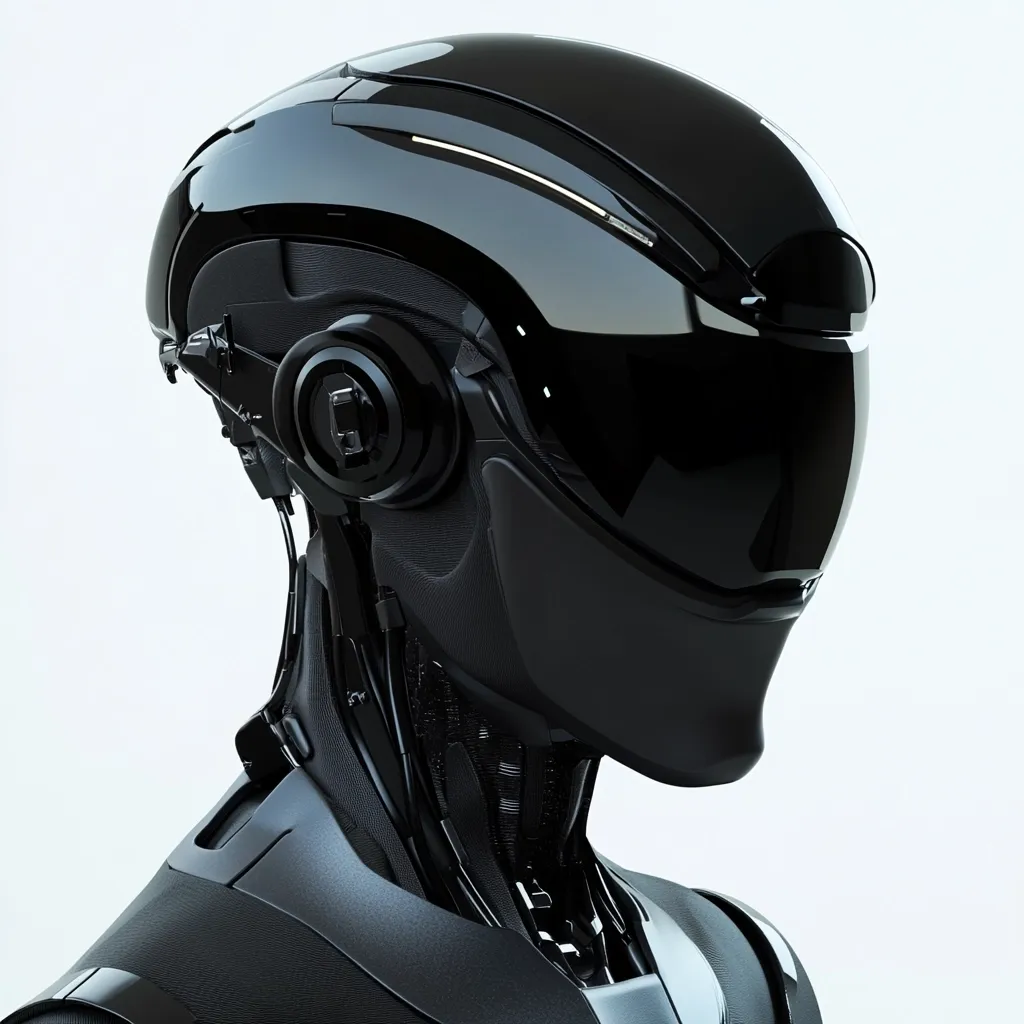 Close-up profile view of a sleek, black robotic head and neck. The robot wears a glossy, futuristic helmet with a visor, and its neck features visible mechanical components and wiring. The overall design is minimalist and highly polished, suggesting advanced technology and a potentially powerful or sophisticated artificial intelligence.  The background is plain white, focusing attention on the robot's features.