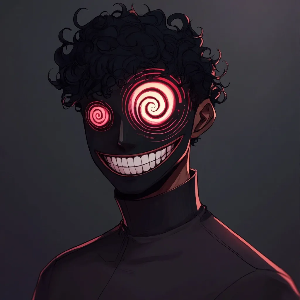 A stylized portrait of a person with dark, curly hair.  Their face is obscured by a dark mask displaying a wide, unsettling grin.  Bright red, swirling hypnotic patterns replace their eyes, adding a surreal and slightly sinister quality to the overall image. The individual is dressed in dark clothing, contributing to the mysterious and edgy aesthetic.