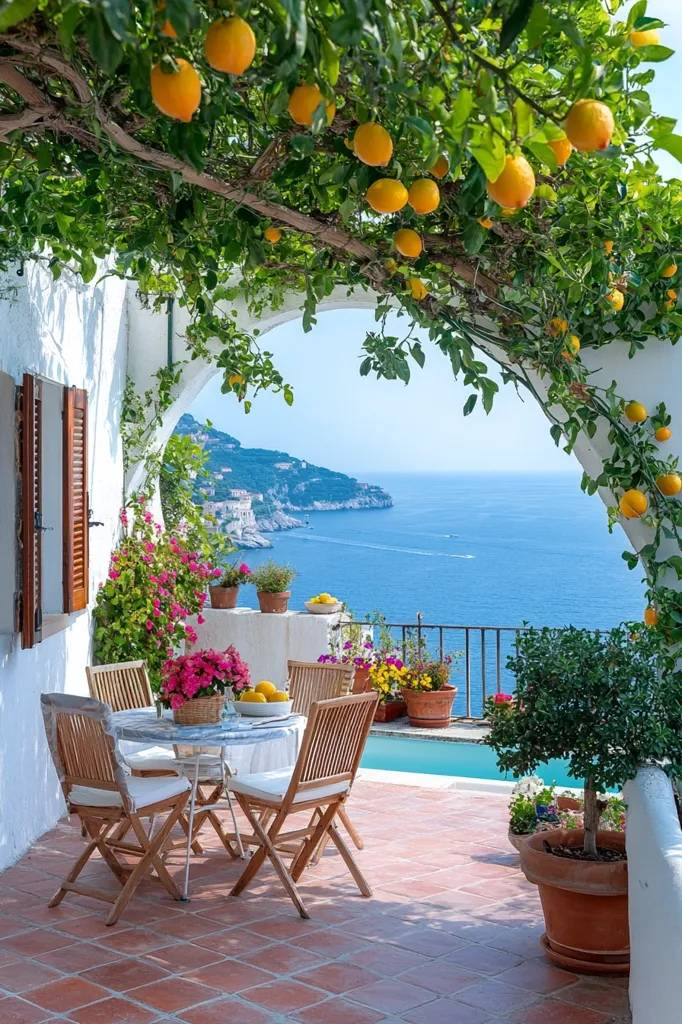 A picturesque patio overlooks a stunning ocean vista.  A lemon tree canopy shades a wooden table and chairs, set for a meal.  Vibrant flowers and potted plants add to the Mediterranean ambiance.  The terracotta tiles and whitewashed building create a serene, idyllic setting.  A glimpse of a pool and coastal town completes the scene.
