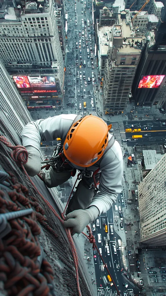 A high-angle shot depicts a worker rappelling down the side of a skyscraper in a bustling New York City.  The worker, wearing a safety helmet and harness, is secured by ropes.  Below, the city streets are filled with traffic, offering a dramatic contrast between the perilous work and the urban landscape.  Billboards and buildings are visible, emphasizing the scale and density of the city.