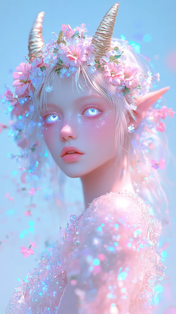 A digital painting of a fair-skinned, ethereal being with elf-like ears and small golden horns adorned with a pink flower crown.  Her eyes glow with a soft, luminous blue. She is dressed in a shimmering, pastel pink and iridescent gown, surrounded by sparkling particles. The overall effect is dreamy and magical, evoking a sense of fantasy and wonder.