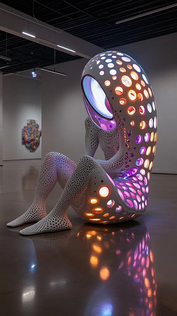 A modern art sculpture resembling a seated figure encased within a translucent, perforated shell.  The shell is illuminated with warm and cool LED lights, casting a colorful glow.  The figure's form is intricately detailed, appearing almost lacy in texture. The piece is displayed in a minimalist gallery setting, reflecting on the polished floor.