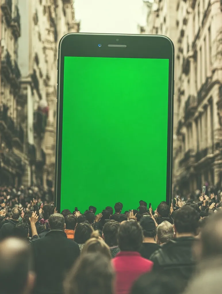 A giant smartphone with a bright green screen stands amidst a crowd of people in a city street. The phone dwarfs the people, who appear small in comparison. The background shows tall buildings, creating a surreal and striking image.  The scene suggests a concept related to technology's overwhelming presence or the power of digital media.