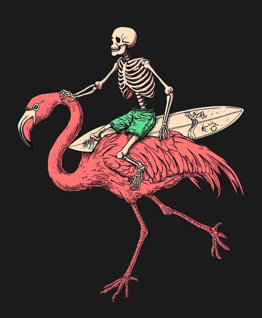 A skeleton wearing teal shorts sits atop a flamingo, balanced on a surfboard.  The illustration is done in a stylized, hand-drawn manner with bold outlines and coral and bone-white coloring against a black background. The scene is surreal and humorous, blending elements of death and tropical paradise. The overall style evokes vintage tattoo art or graphic design.