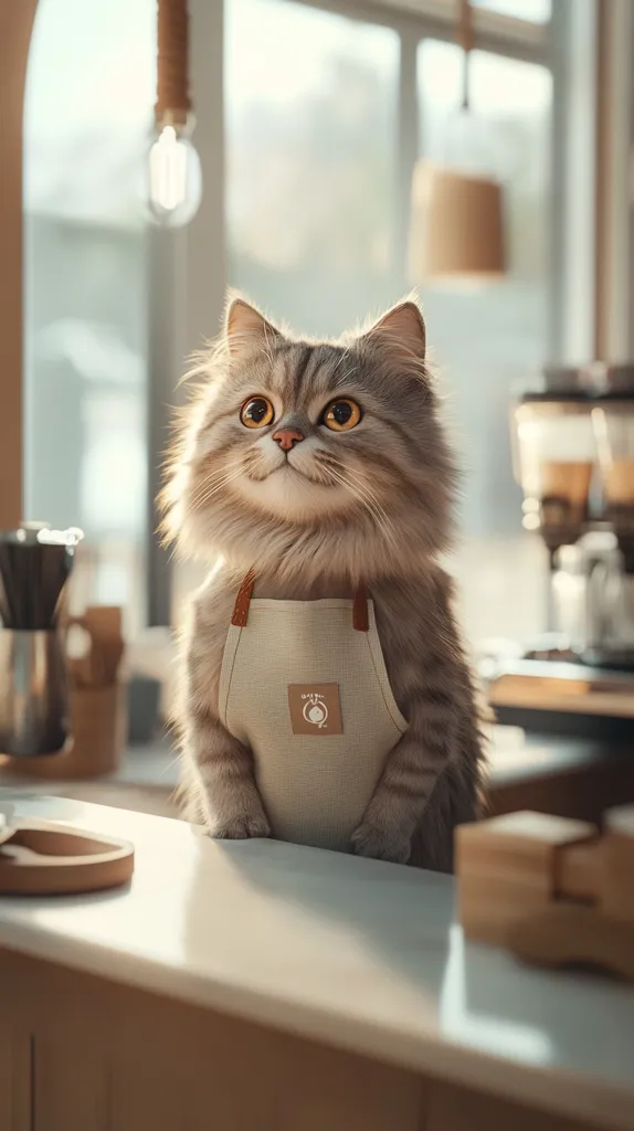 A fluffy gray cat, wearing a beige apron with a small logo, sits on a light-colored counter in a coffee shop. Sunlight streams through the large window behind it, illuminating the cat and the warm, inviting atmosphere of the cafe. The cat's attentive gaze suggests it's ready to assist customers or perhaps simply observing the busy environment.  Wooden elements and a coffee machine are visible in the background.