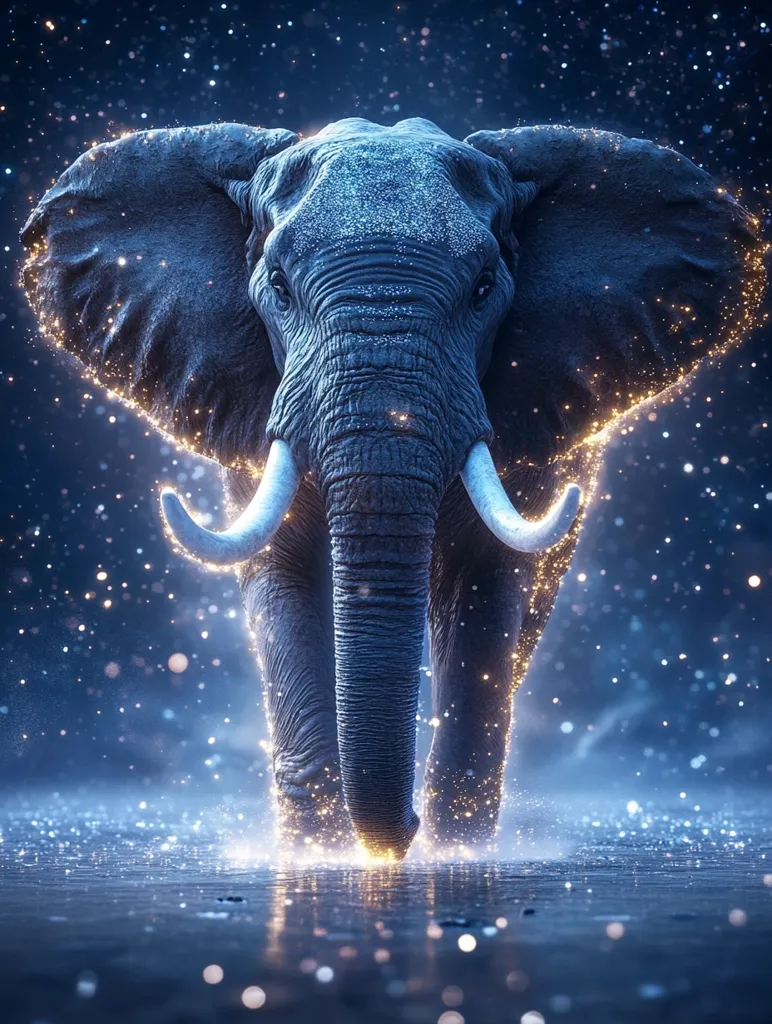 A majestic elephant, seemingly radiating ethereal light, walks through a tranquil, starlit scene.  Golden sparkles encircle its form, highlighting its massive presence. The elephant's reflection shimmers on the water's surface, creating a dreamlike, magical atmosphere. The overall effect is serene and awe-inspiring, blending realism with fantasy.