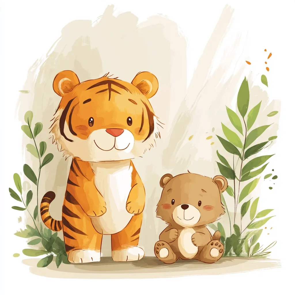 An adorable illustration features a friendly tiger and a cute bear cub.  The tiger, standing tall, boasts bright orange fur and black stripes. The smaller bear, brown and cuddly, sits beside it.  Both animals have large, expressive eyes.  They are surrounded by lush green foliage against a soft, neutral background, creating a charming and whimsical scene.