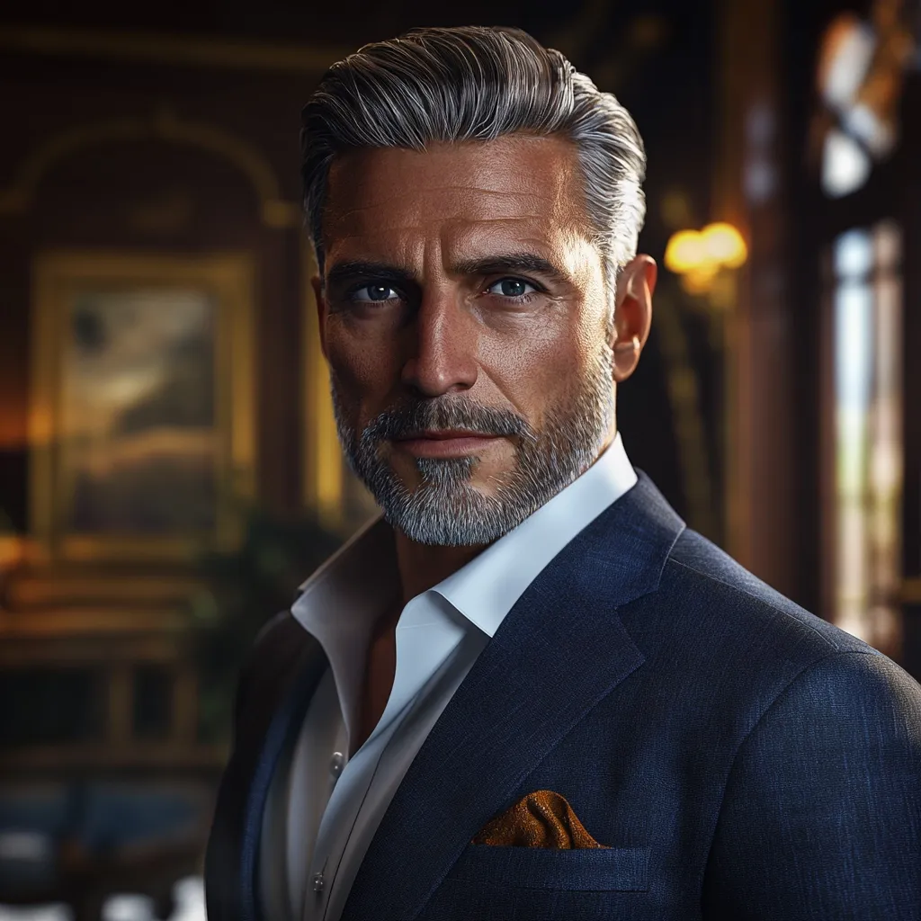 A sophisticated, middle-aged man with salt-and-pepper hair styled neatly. He's dressed in a dark navy blue suit and crisp white shirt, exuding confidence and elegance.  A subtle brown pocket square adds a refined touch. The background features a dimly lit, opulent interior, enhancing the overall sophisticated atmosphere.  His gaze is direct, engaging the viewer.
