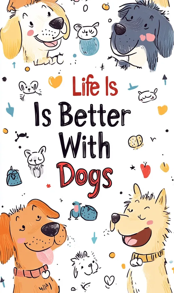 The image is a cheerful illustration promoting the idea that "Life Is Better With Dogs."  It features four cartoon dogs of different breeds, surrounded by playful doodles of small animals, hearts, and other whimsical designs. The overall style is bright, friendly, and childlike, suggesting a book cover or children's product.  The text is large, bold, and easily readable.