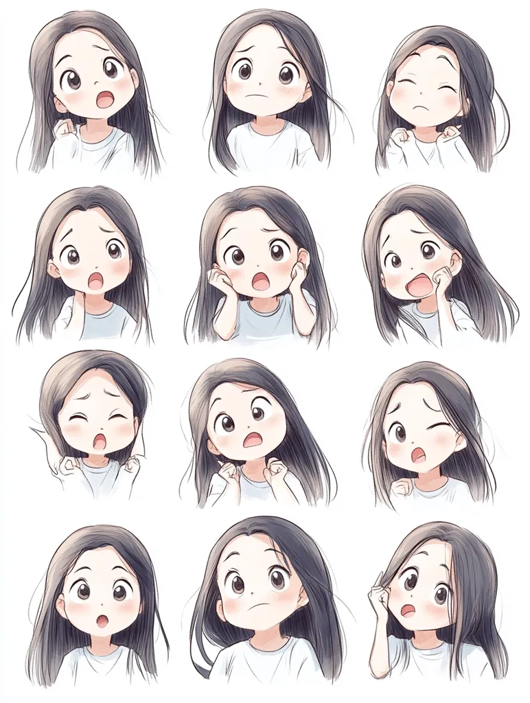 A grid of twelve illustrations showcases a cute anime-style girl expressing various emotions.  Her expressions range from surprised and worried to concerned and slightly confused.  The art style is soft and gentle, with pastel colors and delicate linework. Each expression is distinct and easily readable, highlighting the versatility of the character's emotional range.