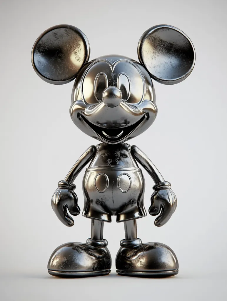 A metallic Mickey Mouse figurine stands against a white background.  The figure is rendered in a dark, gunmetal grey, appearing to be crafted from worn metal, giving it an aged, industrial aesthetic.  The details, including Mickey's iconic features and shorts, are clearly visible. The pose is straightforward, with Mickey standing upright and arms at his sides.