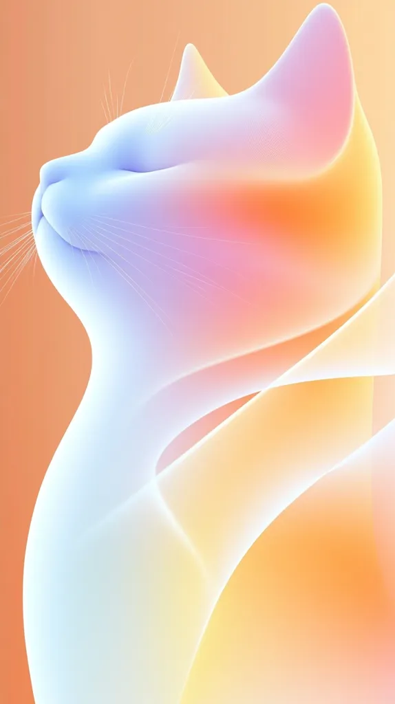 A stylized illustration of a cat, rendered in pastel shades of blue, orange, and pink.  The cat is depicted in a graceful pose, its body flowing smoothly, almost ethereal.  The colors blend seamlessly, creating a soft, dreamy atmosphere.  The lines are delicate and the overall effect is one of serenity and gentle beauty.