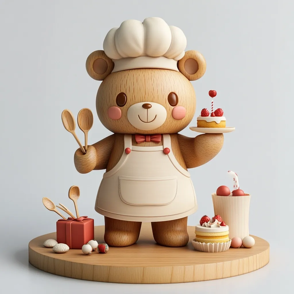 A charming wooden teddy bear, adorned in a chef's hat and apron, stands proudly on a wooden platform.  It holds wooden spoons and a small cake on a plate.  Surrounding the bear are additional pastries, a gift box, and decorative elements, creating a delightful and whimsical bakery scene.  The overall style is cute and 3D rendered.