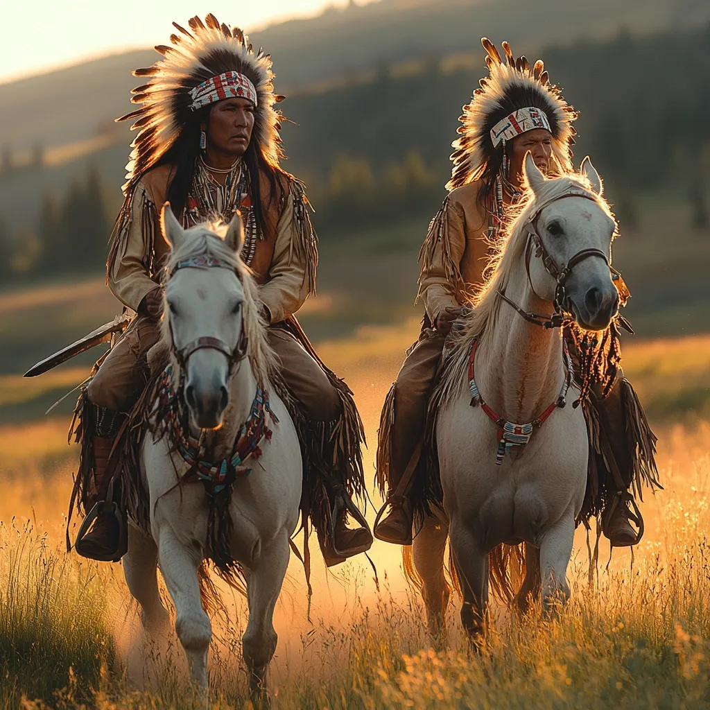 Two Native American men, adorned in traditional headdresses and attire, ride side-by-side on white horses across a golden field.  The setting sun casts a warm glow, illuminating the riders and their majestic mounts.  Their regalia is detailed and rich, showcasing cultural heritage. The scene evokes a sense of history and the beauty of the American West.