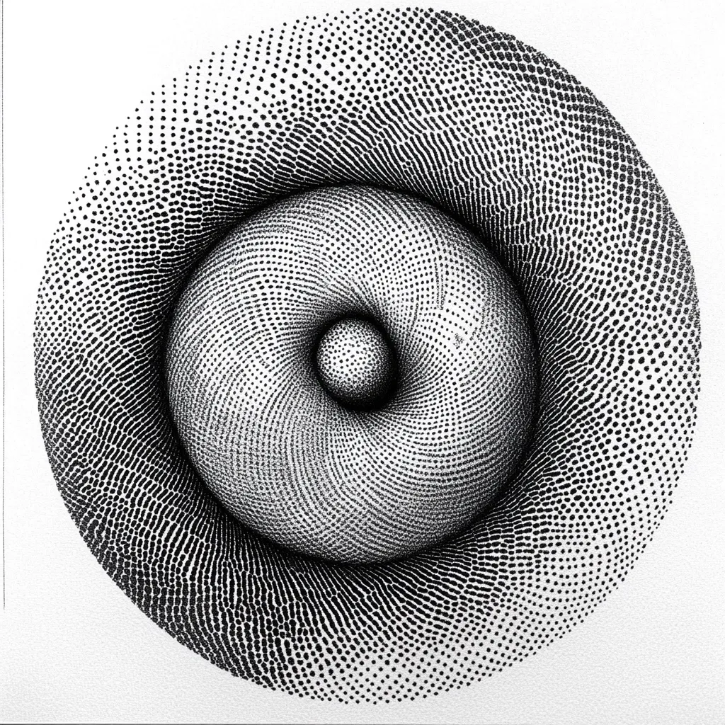 A monochrome stipple drawing depicts a circular, three-dimensional form.  The image uses varying densities of small dots to create shading and the illusion of depth.  The central form resembles a torus or donut, with a smaller sphere at its core.  The dots gradually increase in density, creating a sense of movement and swirling energy. The overall effect is both visually complex and aesthetically pleasing.