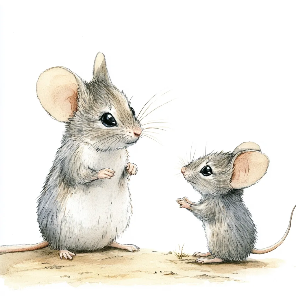 A watercolor painting depicts two adorable mice. A larger mouse stands upright, its paws gently held together, gazing at a smaller mouse. The smaller mouse stands on its hind legs, its front paws raised, seemingly in greeting or conversation.  Both mice are rendered with soft, realistic fur textures and expressive eyes.  They are positioned on a light beige ground, adding to the gentle, heartwarming scene.