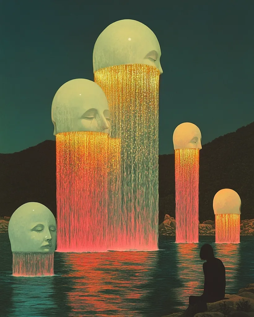Surreal artwork depicts four large, pale heads in a calm body of water at night.  Each head is a fountain, emitting cascading streams of vibrant, orange light.  A solitary, silhouetted figure sits on a nearby rock, observing the scene.  The overall mood is serene yet enigmatic, hinting at themes of introspection and the flow of emotion or thought.