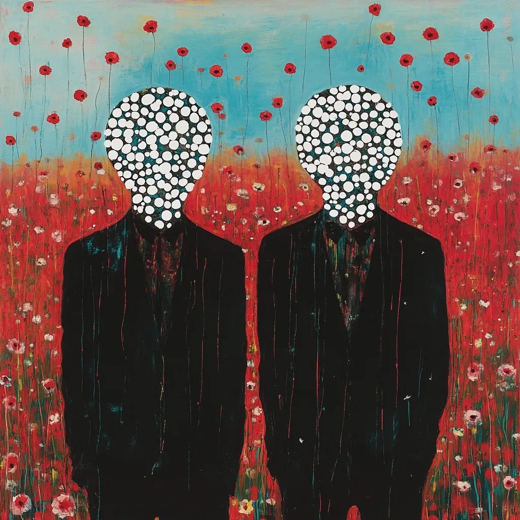 The artwork depicts two figures in black suits standing in a field of red poppies.  Their heads are replaced by a pattern of white circles, creating a surreal and somewhat unsettling effect.  The background is a vibrant mix of red, orange, and blue, contrasting sharply with the dark suits. The overall style suggests a blend of abstraction and surrealism, conveying a sense of mystery and anonymity.