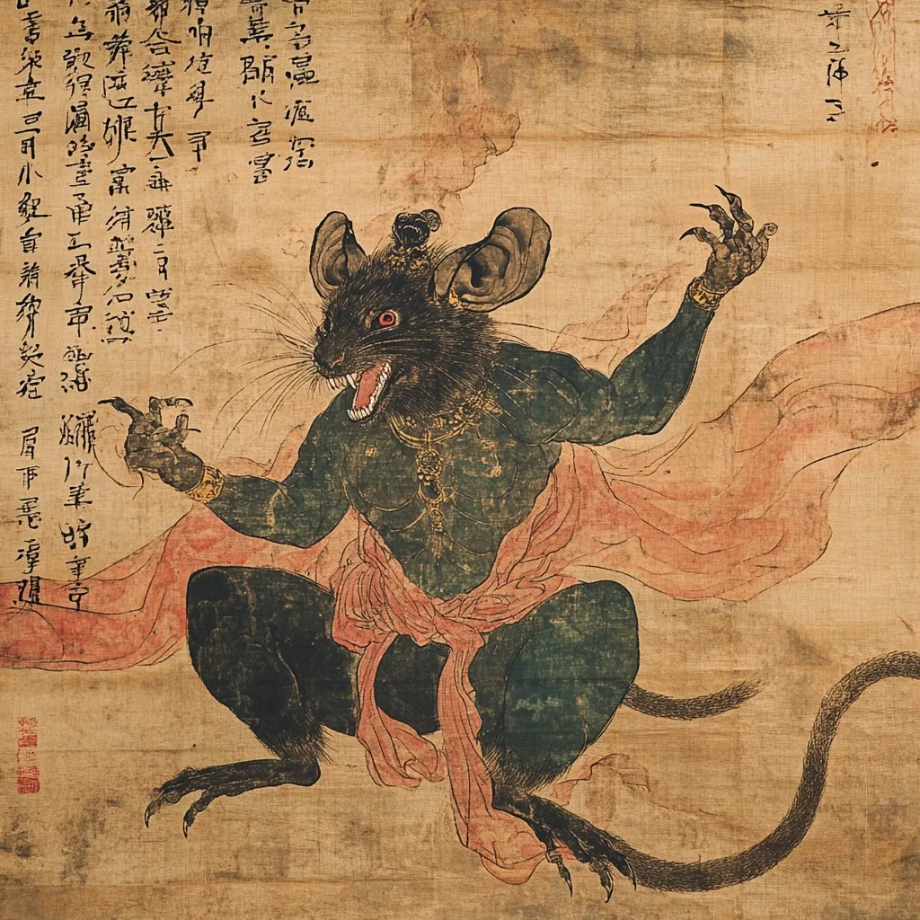 The image depicts a striking painting of a demonic rat-like creature.  The creature is anthropomorphic, possessing a human-like torso and limbs, yet retaining its rodent features, including large ears and a long tail. It has dark, almost black, fur or skin and sharp claws.  The creature is shown in a dynamic pose, seemingly mid-movement. The background features faded text, likely Chinese characters, suggesting a narrative or descriptive context. The overall style is suggestive of traditional East Asian art.