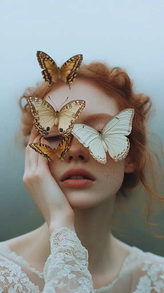 A young woman with red hair rests her hand on her cheek, partially obscured by several butterflies.  The butterflies, in shades of cream, gold, and brown, appear delicately placed around her face. She wears a white lace dress, creating a soft, ethereal image. The overall mood is serene and dreamlike, emphasizing natural beauty and gentle grace.