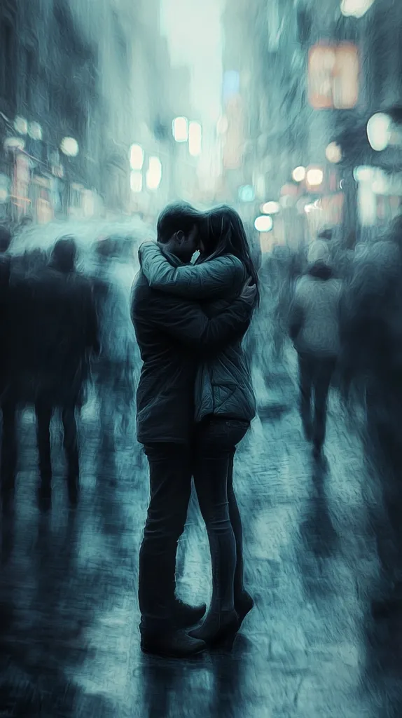 A painting depicts a couple embracing amidst a blurred city street at night.  The lovers are centrally positioned, their bodies intertwined, heads bowed together.  The background is a hazy, impressionistic blend of people and city lights, suggesting movement and a bustling urban environment.  The overall mood is melancholic and romantic, with a muted teal color palette dominating the scene.