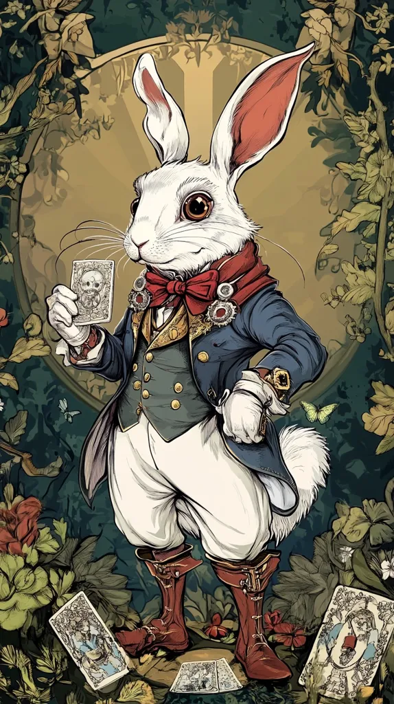 A stylized illustration depicts the White Rabbit from Alice's Adventures in Wonderland.  He's dressed in a finely detailed waistcoat and breeches, complete with a red bow tie and high boots.  He holds a playing card, surrounded by scattered playing cards and lush, art nouveau-style foliage. The rabbit's expression is serious and slightly anxious, enhancing the whimsical yet slightly dark atmosphere.  The overall style is reminiscent of vintage book illustrations with a touch of fantasy.