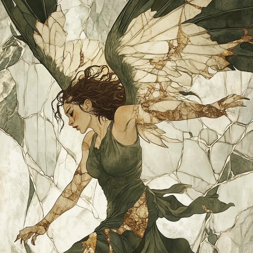 A fallen angel, wings fractured and body marred, descends amidst a backdrop of cracked, marble-like stone.  Her olive-green garment is torn, mirroring the damage to her plumage.  Brown hair frames her sorrowful face, angled downward as if in despair or defeat.  The artwork employs muted earth tones and a painterly style, creating a melancholic and ethereal atmosphere.