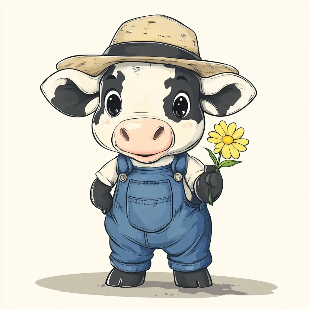 A charming cartoon illustration of a calf.  The calf, predominantly black and white, wears a straw hat and blue overalls.  It holds a single yellow flower, adding a touch of whimsy to the image. The style is cute and friendly, suitable for children's books or merchandise. The calf's large eyes and cheerful expression enhance its appeal.