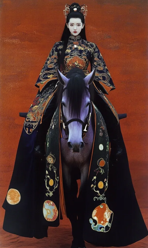 A regal woman, adorned in an elaborate dark blue and gold embroidered gown and a jeweled headdress, sits astride a dark gray horse.  Her makeup is pale, accentuating her dark hair and intense gaze. The horse's bridle is simple, contrasting with the ornate details of her clothing and long trailing cape, which features embroidered celestial-like patterns. The backdrop is a deep burnt orange.