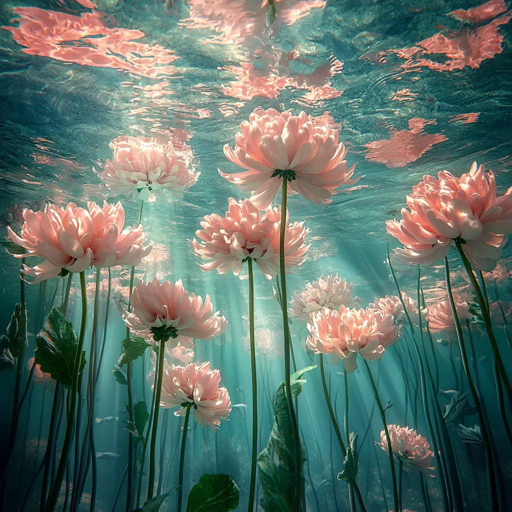 An underwater scene depicts numerous delicate, pale pink flowers, possibly dahlias, gracefully swaying in the tranquil water. Sunlight streams through the surface, illuminating the flowers and creating a serene, ethereal atmosphere. The teal-colored water is calm, with gentle ripples reflecting the light. The overall effect is one of peaceful beauty and otherworldly enchantment.