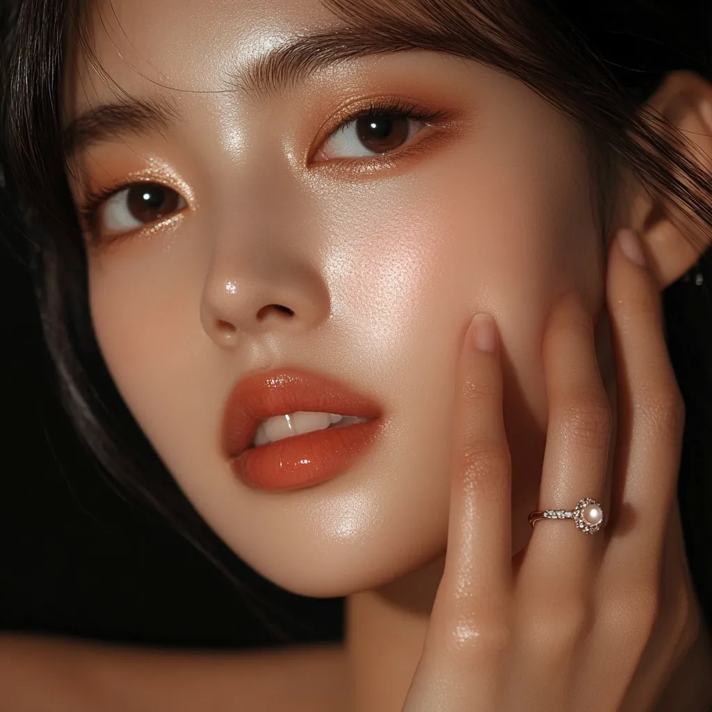 Close-up of a woman's face, showcasing glowing skin and subtle, warm-toned makeup.  Her eyes are accentuated with bronze eyeshadow and her lips are a glossy terracotta shade. She wears a delicate ring with a small pearl, and her hand gently touches her face. The image has a soft, ethereal quality, focusing on the beauty of natural skin and minimalist makeup.
