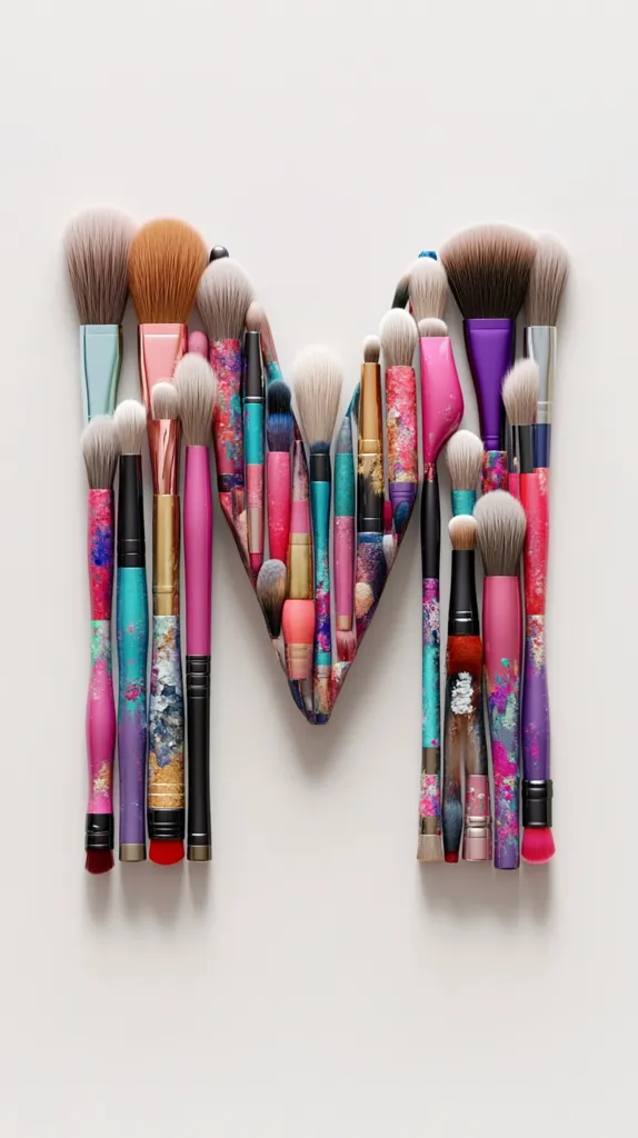 A collection of makeup brushes arranged to form the letter "M." The brushes are various sizes and shapes, with handles displaying vibrant pink, purple, teal, and gold paint splatters. The brushes are densely packed together, creating a visually striking and artistic representation of the letter.  The background is a plain, light grey, allowing the colorful brushes to stand out.